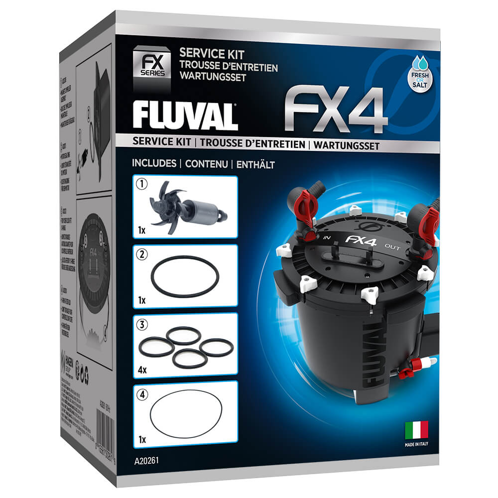 Fluval FX4 Service Kit box shows filter parts and magnetic impeller assembly on the front.