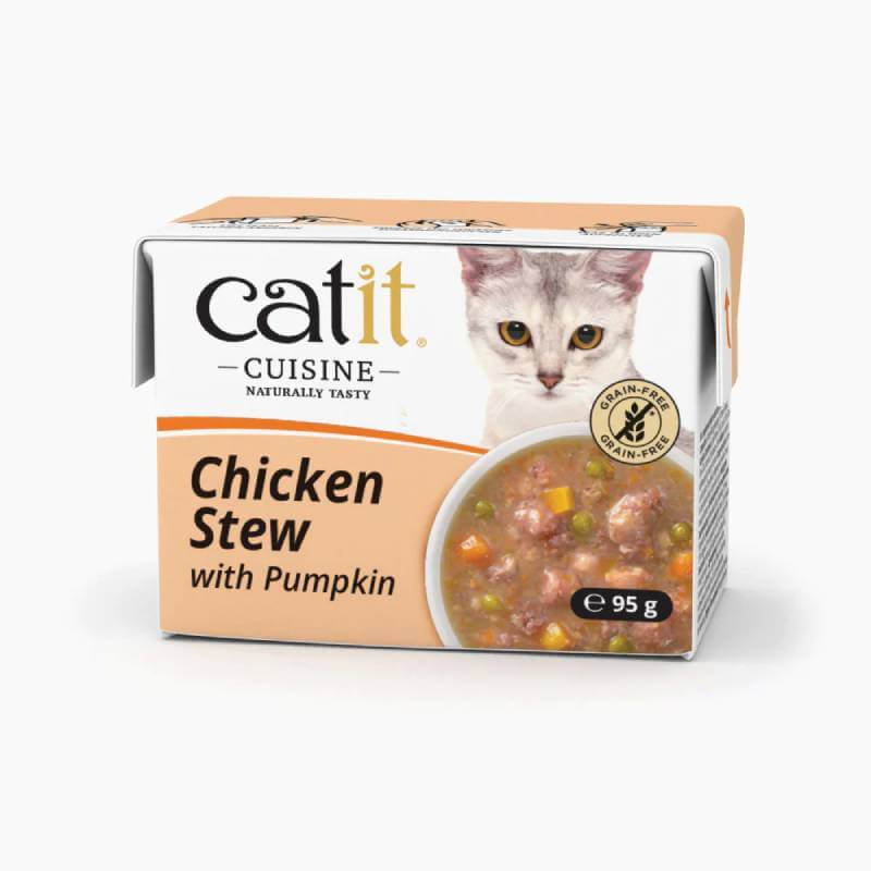 Catit Cuisine Chicken Stew 95g, grain-free wet cat food, features a cat on the packaging.
