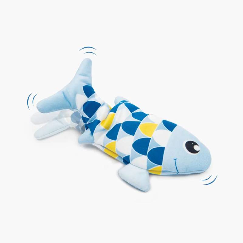 Catit Mini Groovy Fish Blue cat toy, by Catit, with catnip and a smiling face.