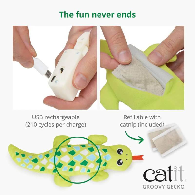 Catit Mini Groovy Gecko Green: a rechargeable, catnip-refillable cat toy by Catit.