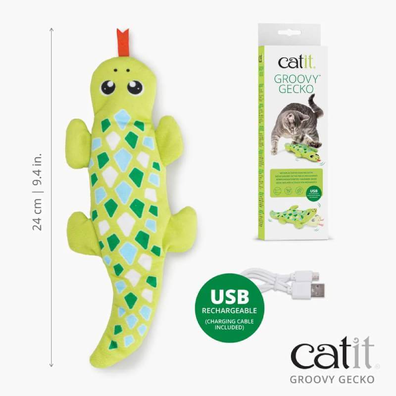Catit Mini Groovy Gecko Green cat toy, USB rechargeable, with packaging and size shown.