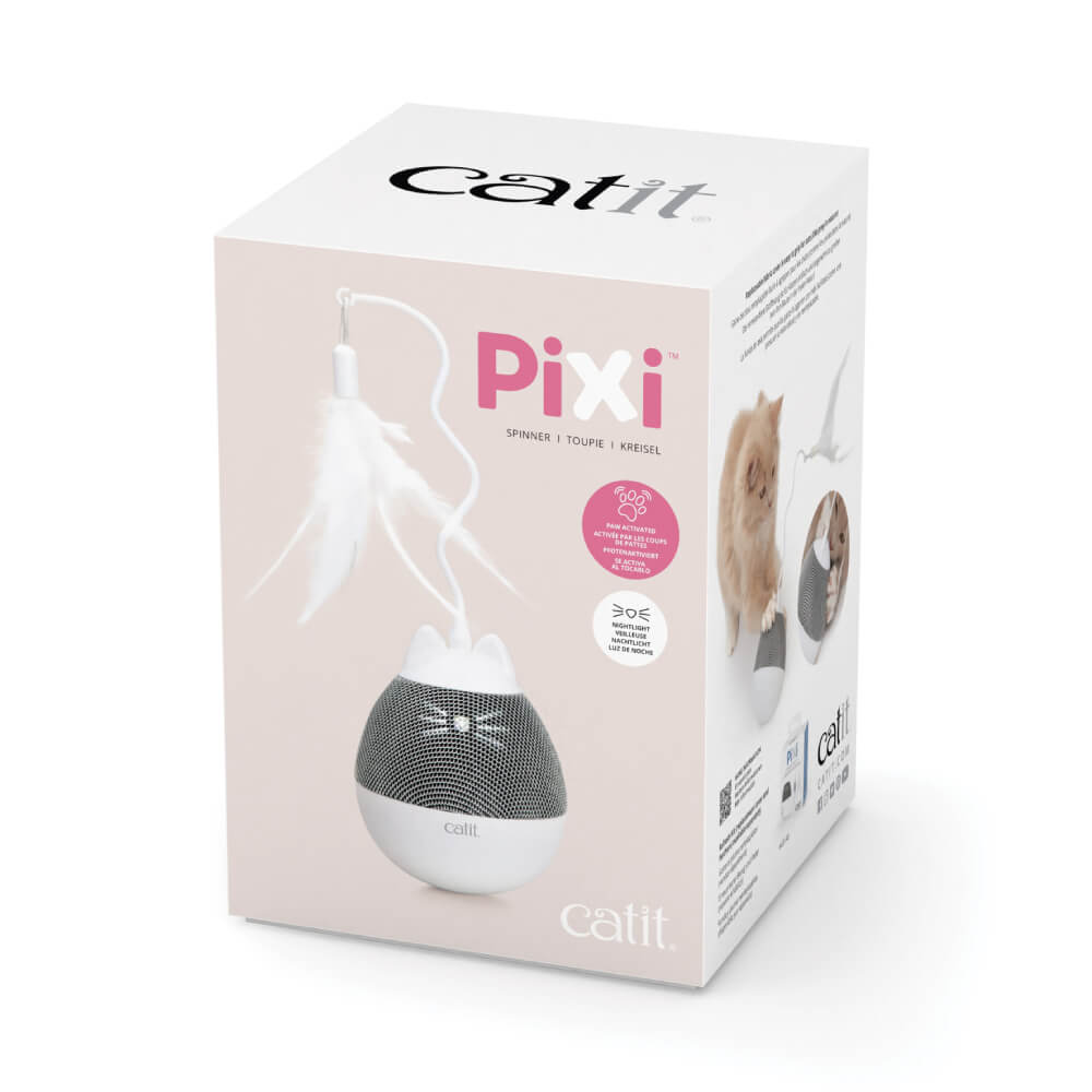 Box of Catit Pixi Spinner White & Grey interactive cat toy by Catit with feather attachment.