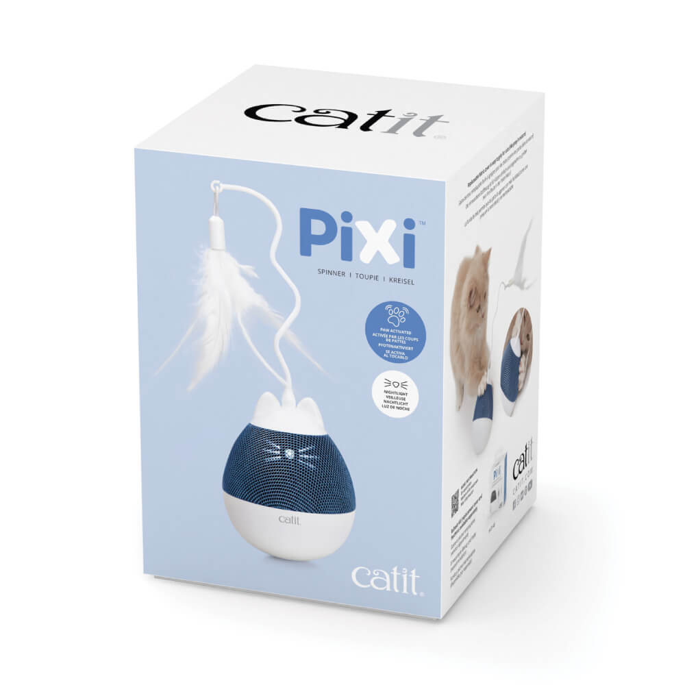 Catit Pixi Spinner White & Blue interactive cat toy is shown with feather teaser on the box front.