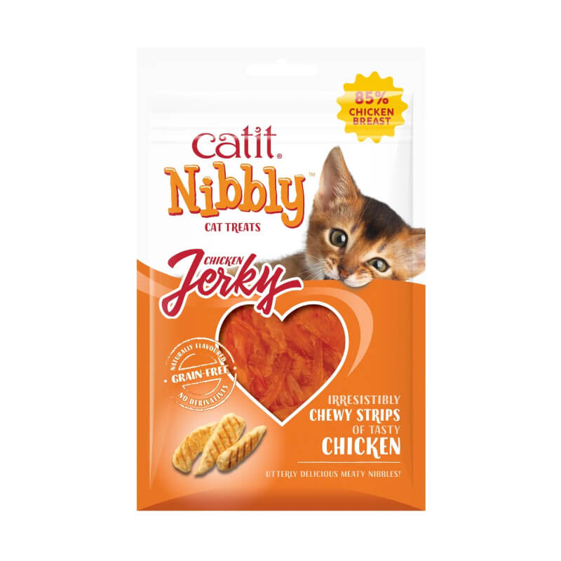 Catit Nibbly Jerky Chicken 30g cat treats pack with cat and chicken strip illustrations.