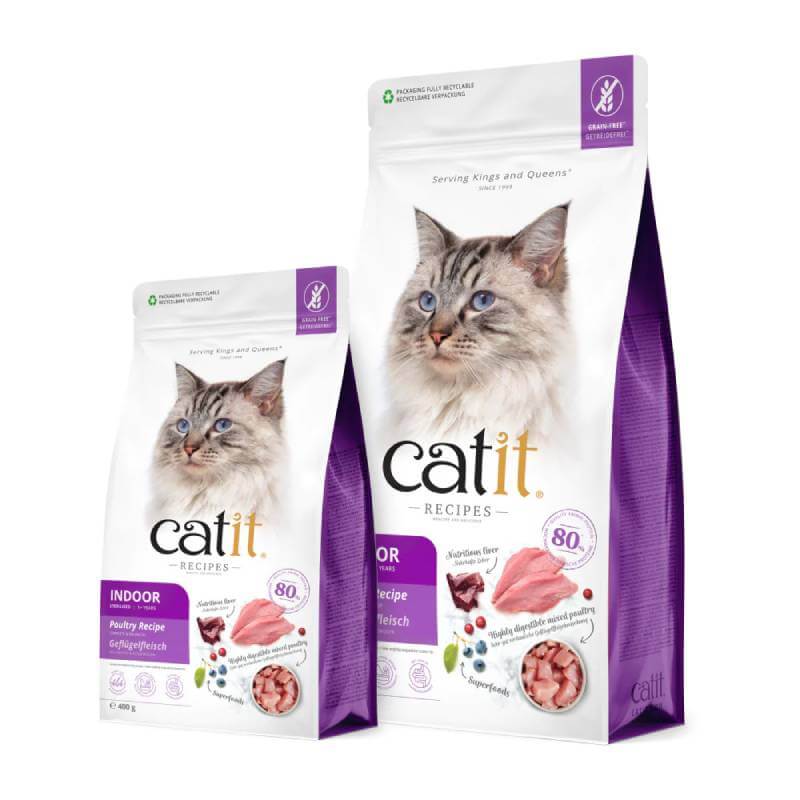 Two bags of Catit Recipes Adult Cat Dry Food Indoor, poultry recipe, purple and white pack.