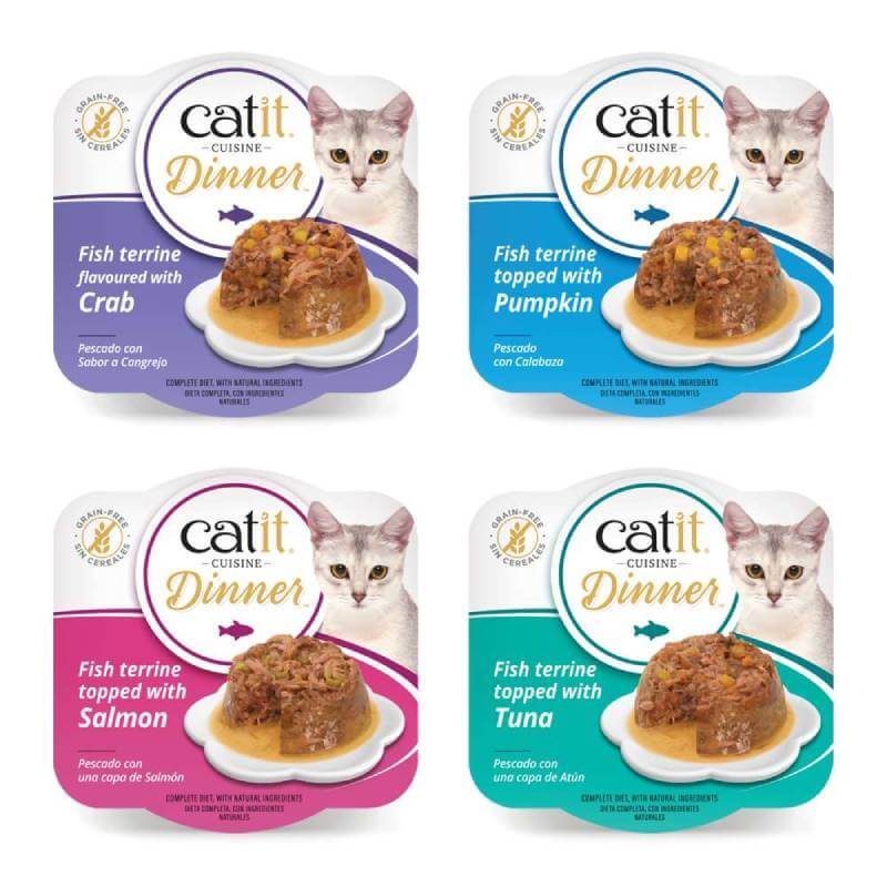 Four-pack Catit Cuisine Dinners Fish cat food in crab, pumpkin, salmon, and tuna flavors.