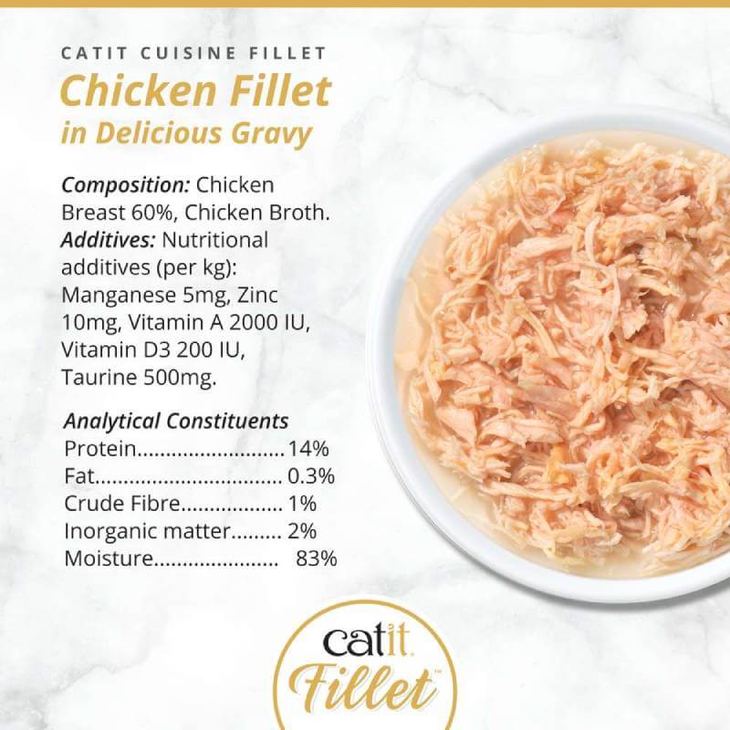 Catit Cuisine Fillets Chicken cat food in gravy with nutritional info shown.