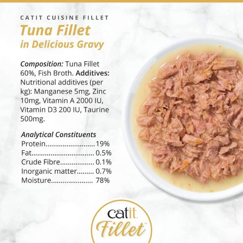 Catit Cuisine Fillets Tuna cat food in gravy with nutrition info and Catit branding.