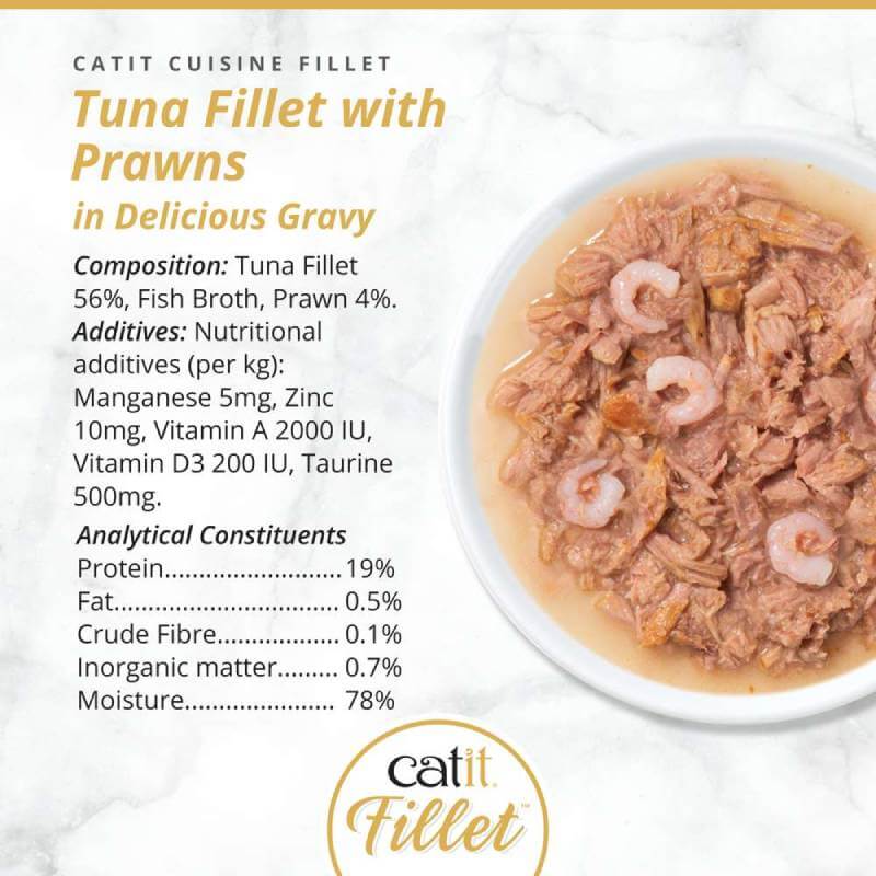 Catit Cuisine Fillets Tuna cat food with prawns in gravy beside nutritional info.