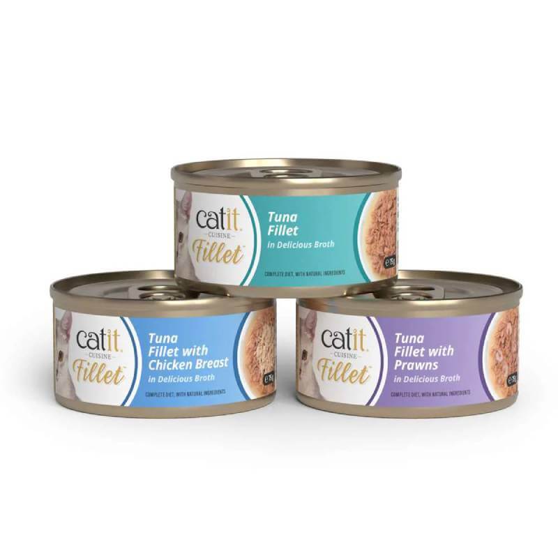Three cans of Catit Cuisine Fillets Tuna, a high-protein, grain-free cat treat.