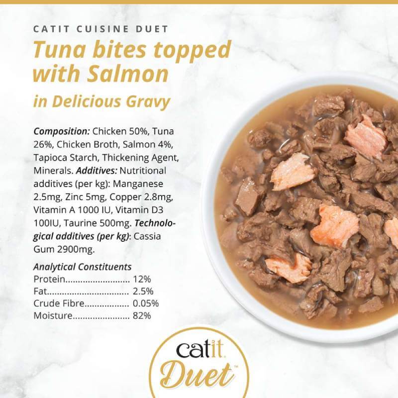 Catit Cuisine Duets grain-free cat food, tuna & salmon in gravy, by Catit on white background.