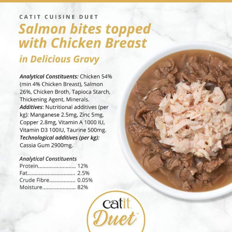 Catit Cuisine Duets: Grain-free cat food with shredded chicken & salmon in gravy.