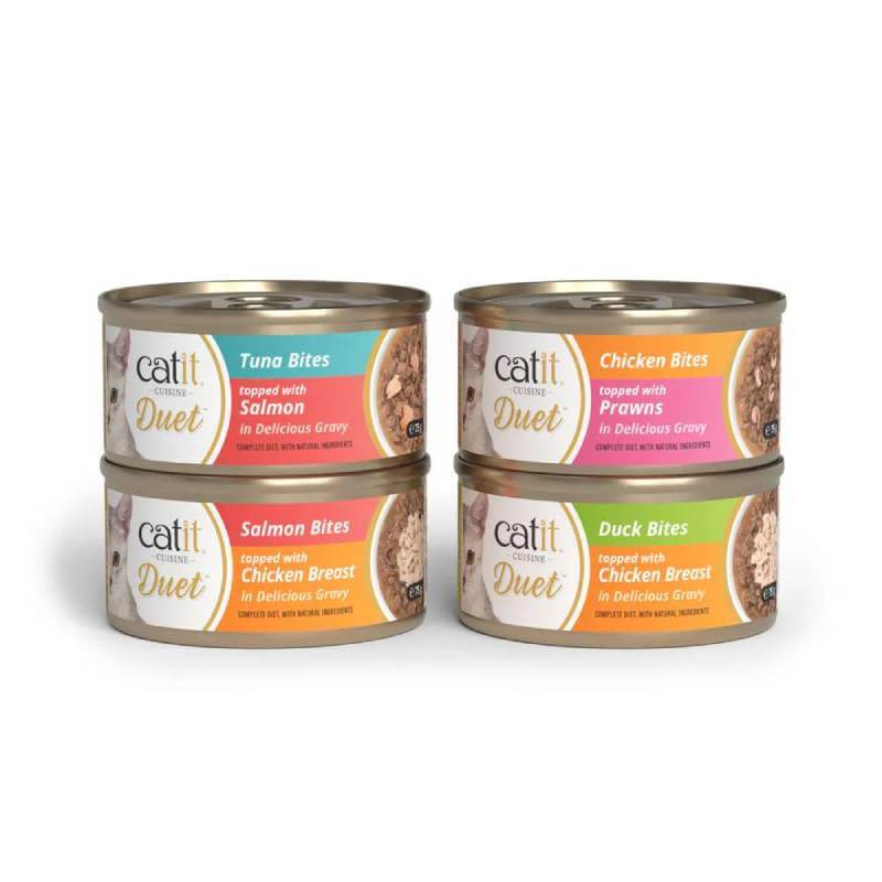 Four cans of Catit Cuisine Duets cat food by Catit, assorted flavors, stacked neatly.
