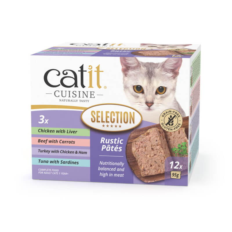 Catit Cuisine Pate Variety 12x95g box with grain-free meals from Catit displayed.
