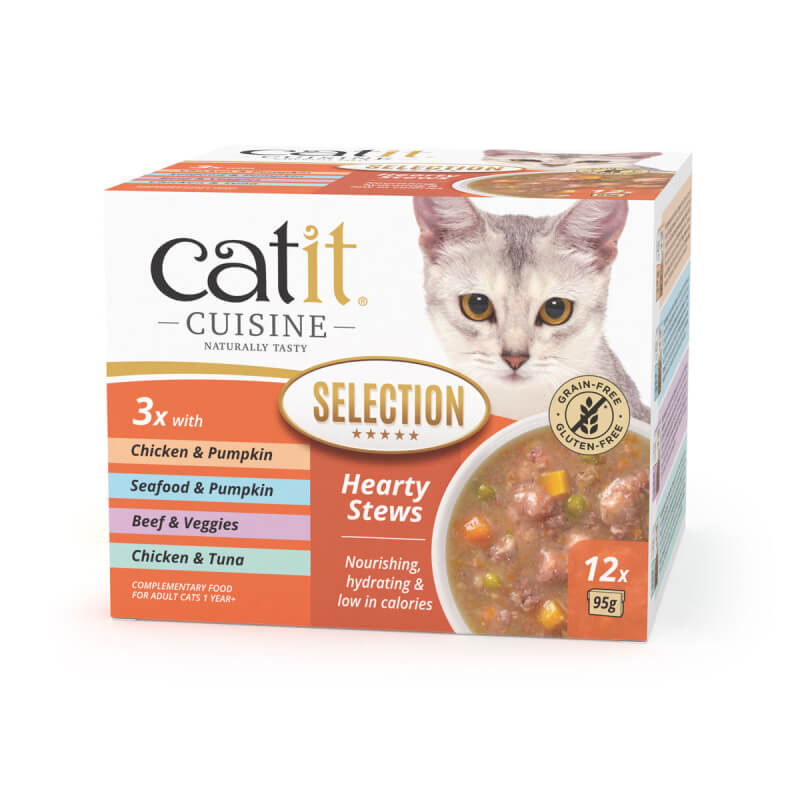 Catit Cuisine Stew Variety 12x95g—grain-free wet cat food with hearty stew flavors.