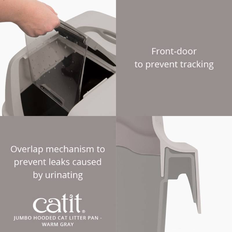 Catit Airsift Jumbo Litter Pan in white/grey reduces odor and tracking with front door design.