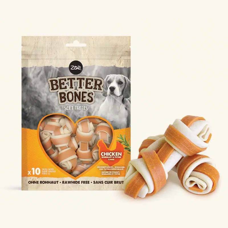 Zoe Better Bones Chicken Small Bones 10pk—rawhide-free dog treats in a heart-shaped pack.