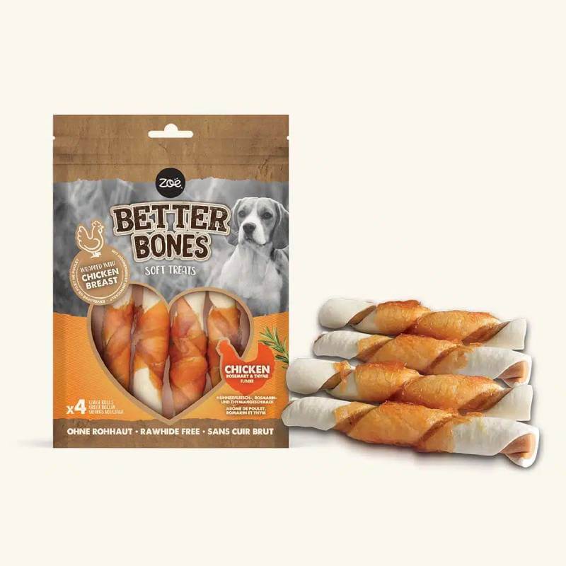 Zoe Better Bones Chicken Wrapped Large Rolls 4pk—rawhide-free dog chews.