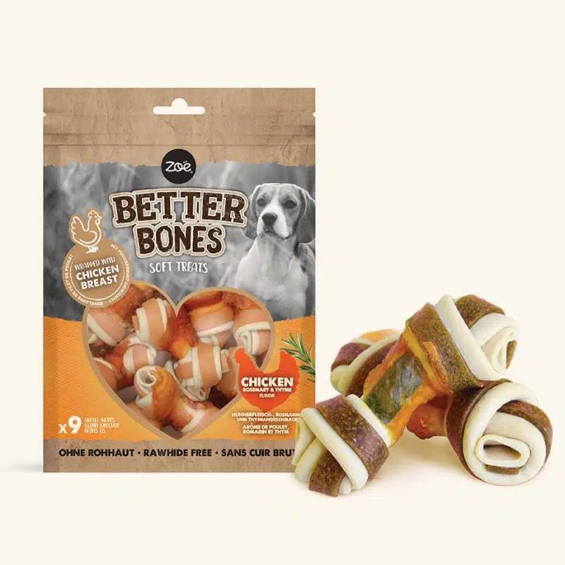 Zoe Better Bones Chicken Wrapped Small Bones 9pk displayed with bone-shaped treats beside the pack.