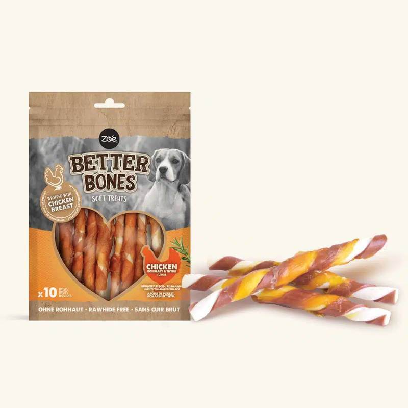 Zoe Better Bones Chicken Wrapped Twists 10pk, rawhide-free dog treats with three sticks shown.