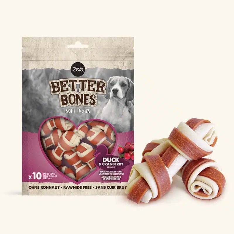 Zoe Zeus Zoe Better Bones Duck &amp; Cranberry Small Bones 10pk in a heart-shaped package.