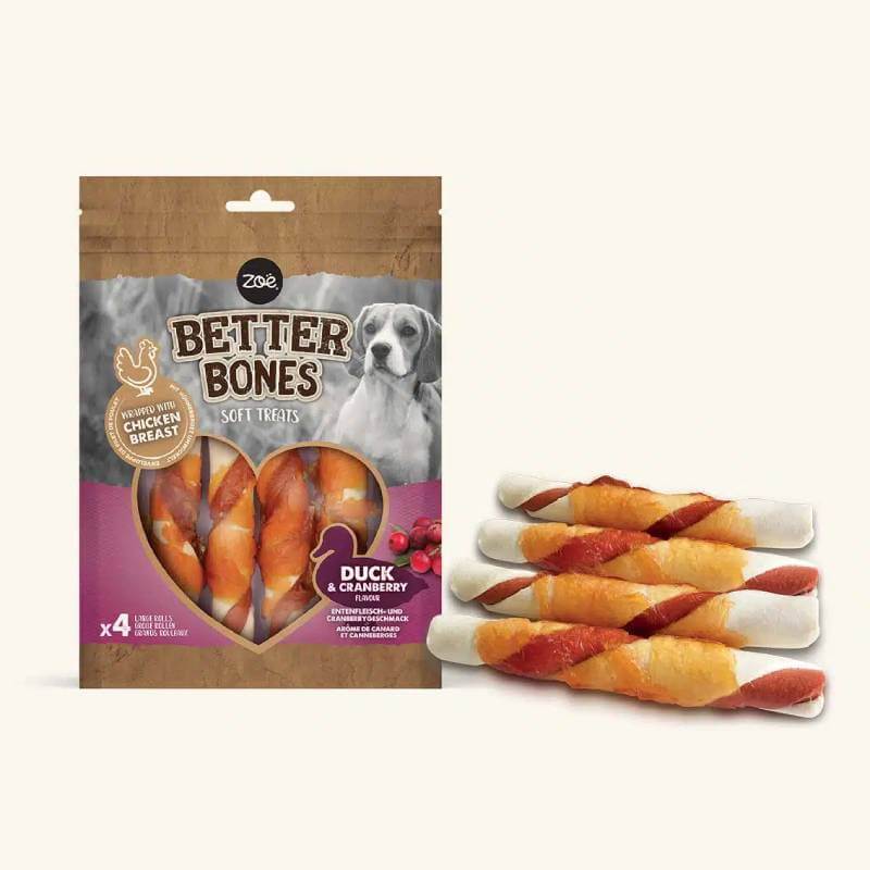 A pack of Zoe Better Bones Chicken Wrapped Duck &amp; Cranberry Large Rolls 4pk dog treats.