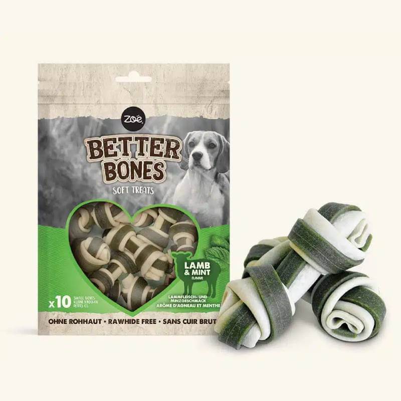 Zoe Zeus Zoe Better Bones Lamb with Mint Small Bones 10pk plus two bone-shaped treats shown.