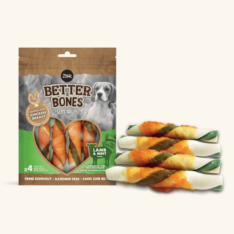 Zoe Zeus Better Bones Chicken Wrapped Lamb &amp; Mint Large Rolls 4pk, rawhide-free.