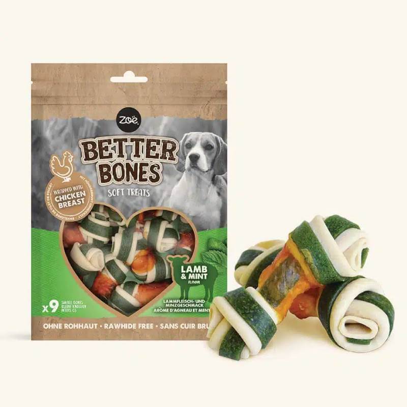 A pack of Zoe Better Bones Chicken Wrapped Lamb with Mint Small Bones 9pk, two bones in front.