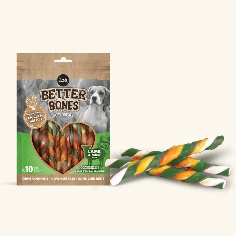 Zoe Zeus Zoe Better Bones Chicken Wrapped Lamb &amp; Mint Twists 10pk in white, green &amp; orange.