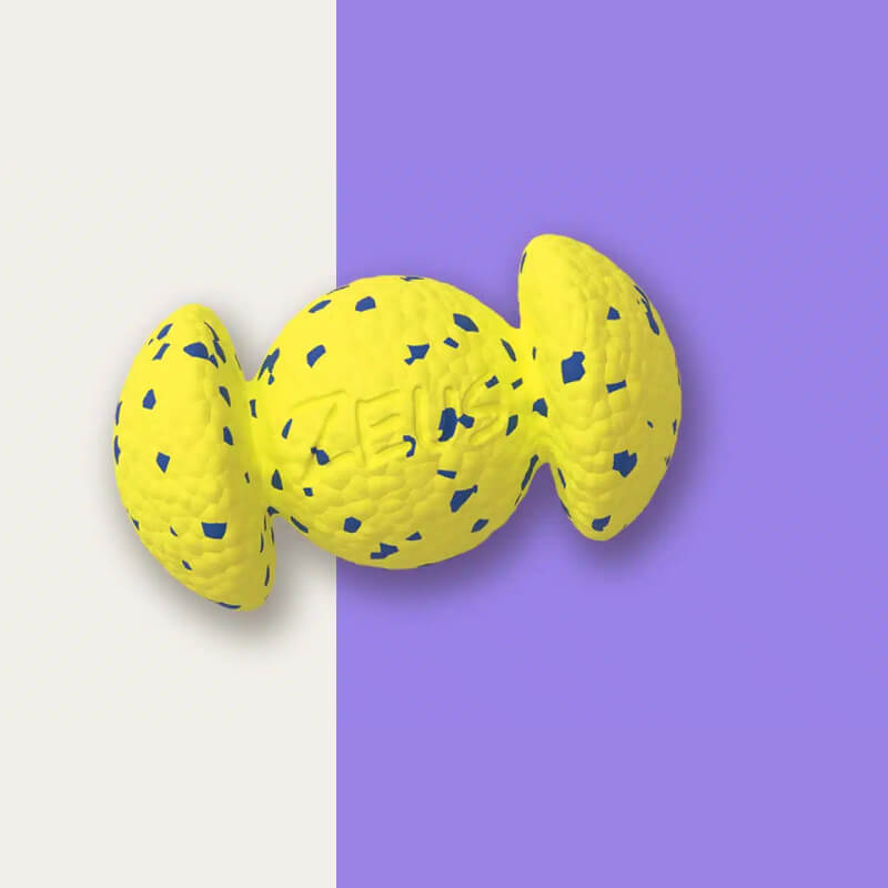 Zeus Nitro Weighted Grip Ball: yellow 3D ball with blue spots on white and purple background.