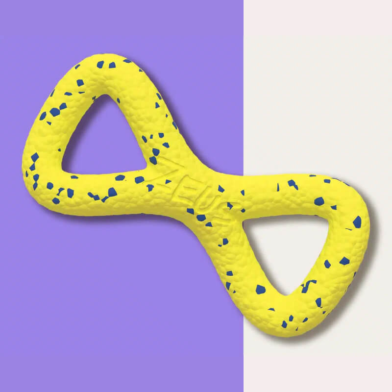 Zeus Nitro Tugger: yellow with blue speckles on a purple and white split background.