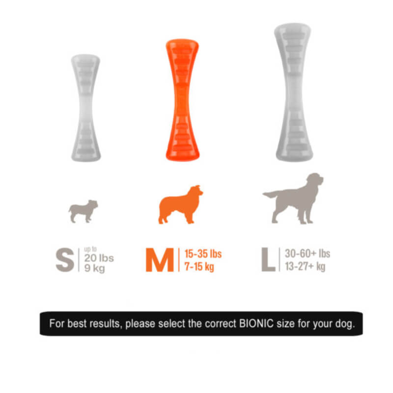 Bionic Urban Stick by Bionic—durable chew toy in S, M, L sizes with dog size recommendations.