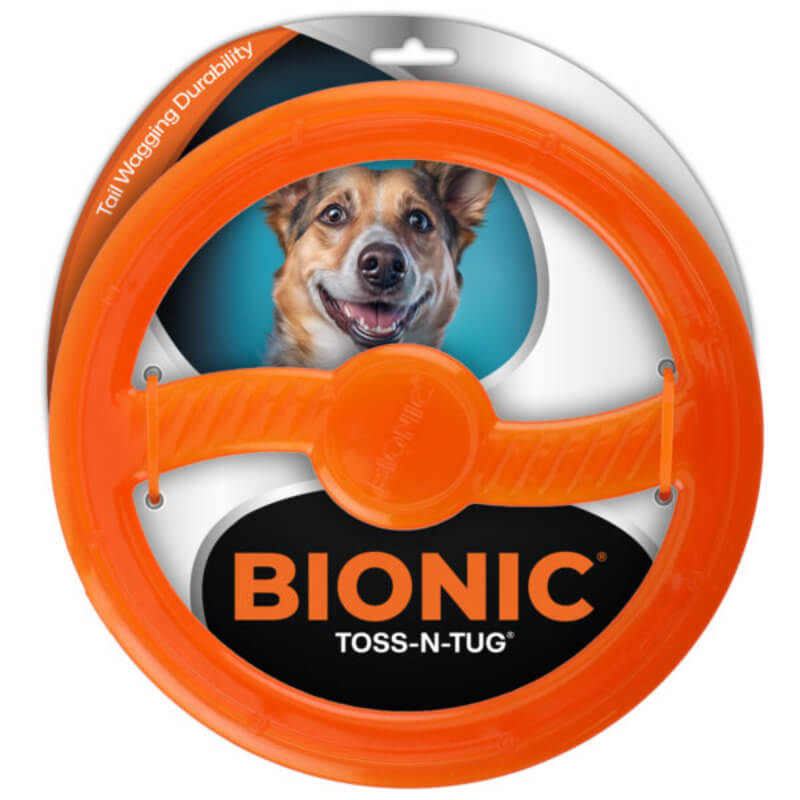 Bionic Toss-N-Tug Ring by Bionic: bright orange, durable, floats, with a smiling dog on label.