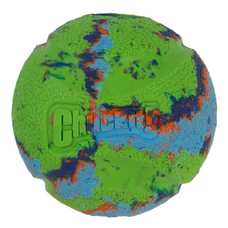Chuckit Eco National Fetch Day Ball Medium—green with blue/orange patches, made from recycled materials.