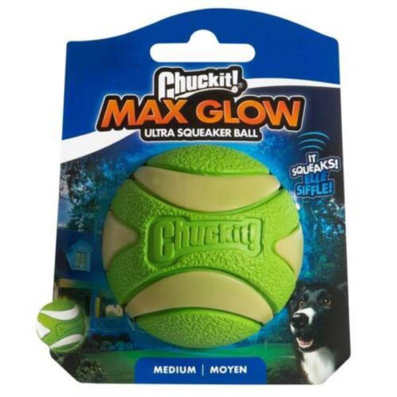 Chuckit Max Glow Ultra Squeaker 1Pk Medium 6.3cm for glow-in-the-dark dog play.