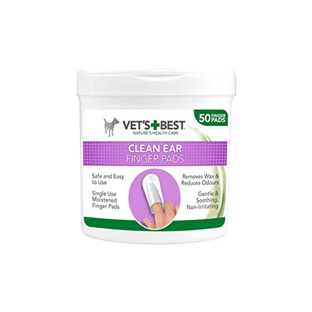 Vets Best Ear Finger Pads, 50 pads for dogs, with product details on the label.