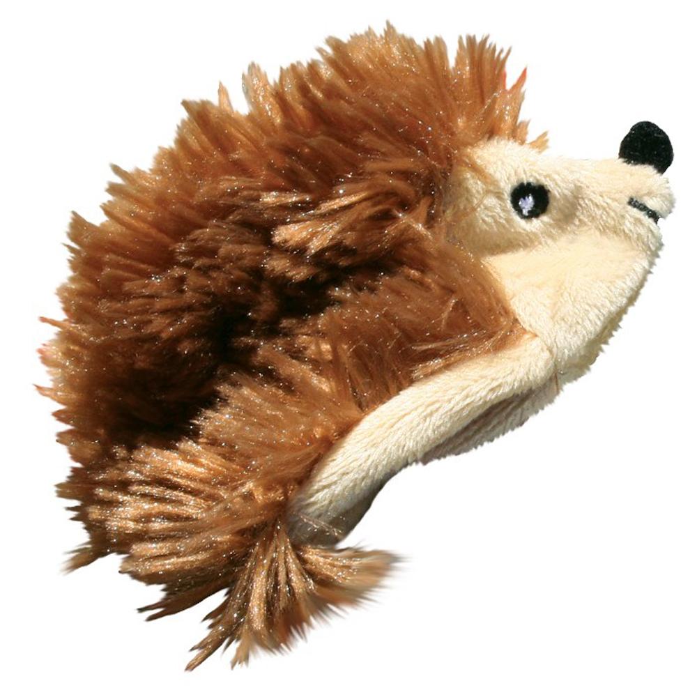 Kong Catnip Hedgehog by Kong: plush cat toy with brown spiky fur and a black nose.