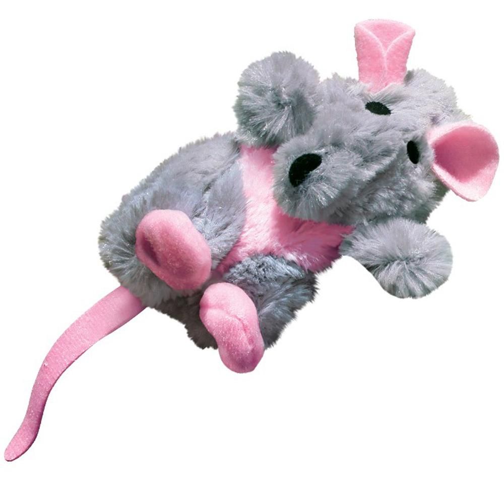 Kong Catnip Rat by Kong: a soft, gray and pink plush toy mouse with catnip and large ears.