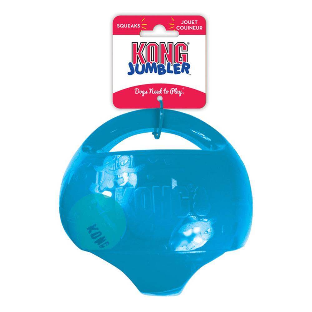 Blue Kong Jumbler dog toy with handle, packaged with a red and white label.