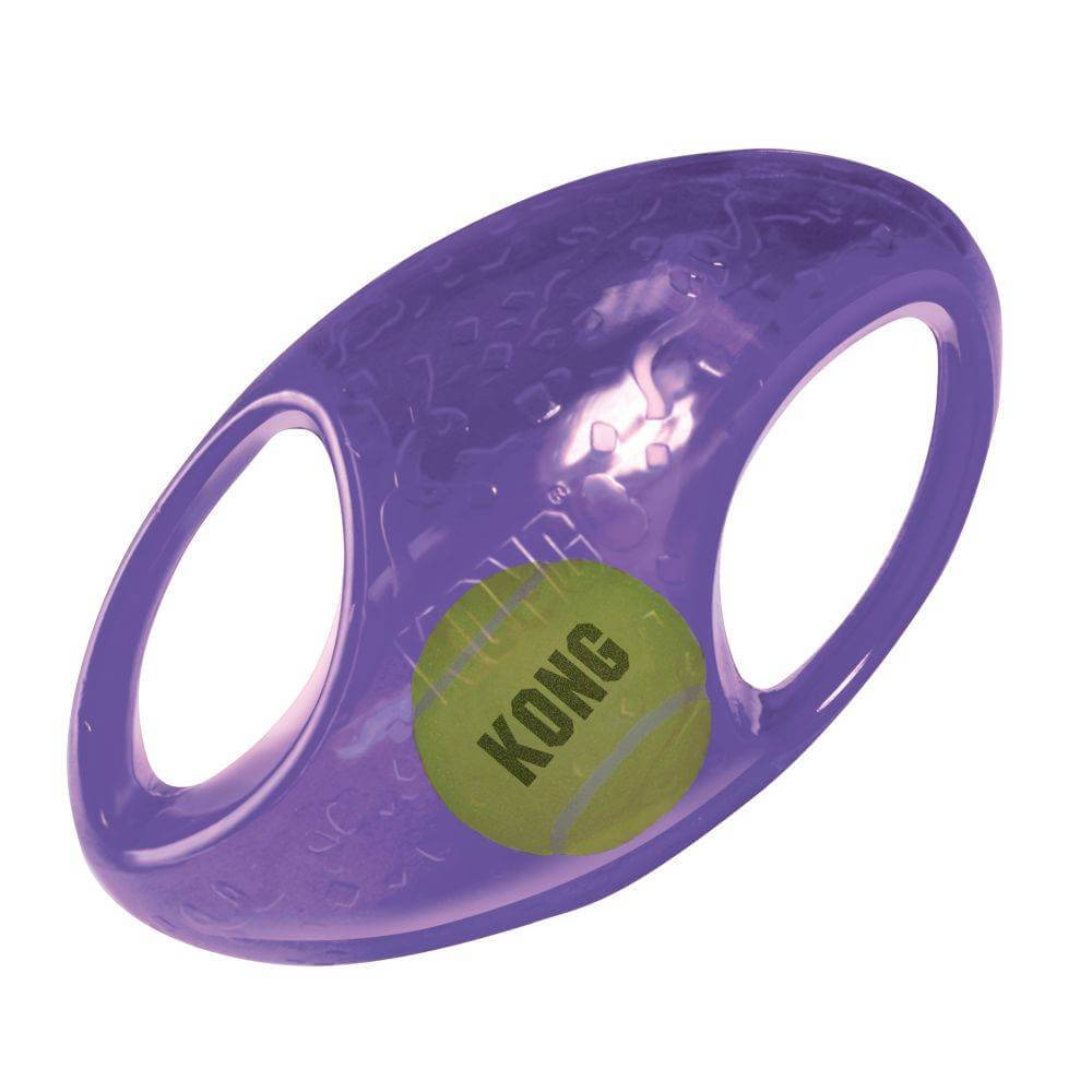 Purple Kong Jumbler Football dog toy with two handles and a green tennis ball inside.