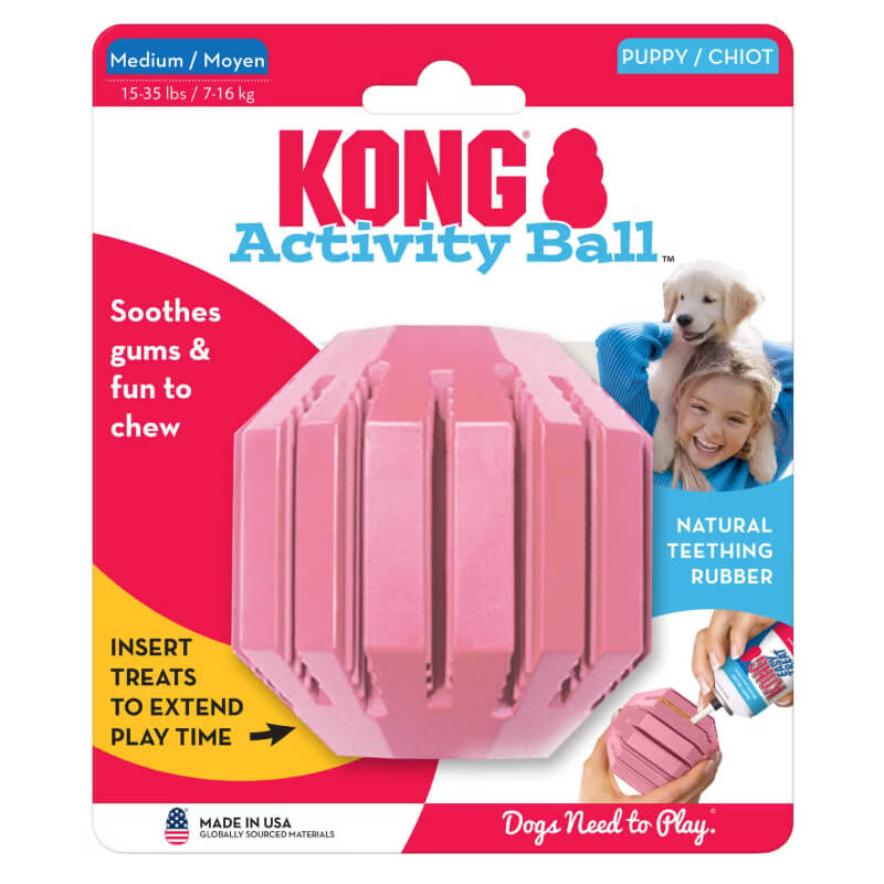 KONG Puppy Activity Ball Medium in packaging featuring a girl and her dog.