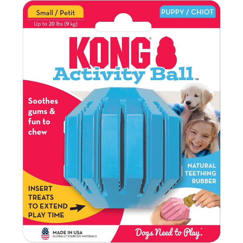 KONG Puppy Activity Ball Small, blue treat dispenser for puppies, by KONG, in packaging.