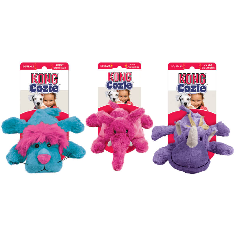 Three KONG Plush Cozies Brights Medium toys in blue, pink, and purple for snuggly playtime.