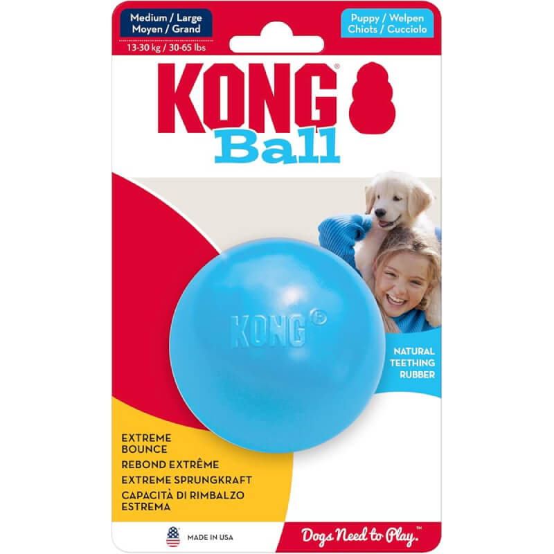KONG Puppy Ball With Hole Medium/Large, perfect fetch toy for puppies, in KONG packaging.
