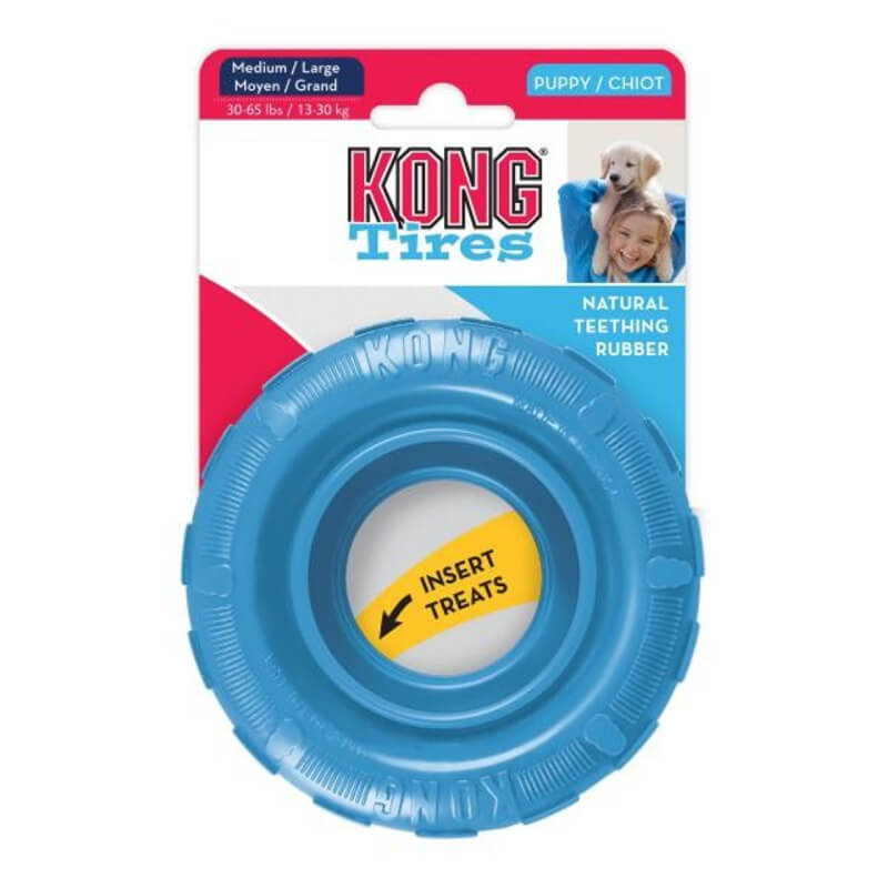 KONG Puppy Tires Medium/Large chew toy for puppies, in packaging with Insert Treats label.