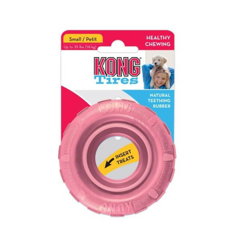 KONG Puppy Tires Small, a stuffable teething toy for puppies, perfect for treats and fun.