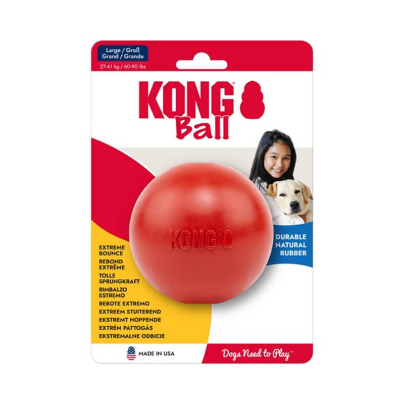 KONG Ball Large by Kong in red, treat-dispensing, shown with a woman and her dog.