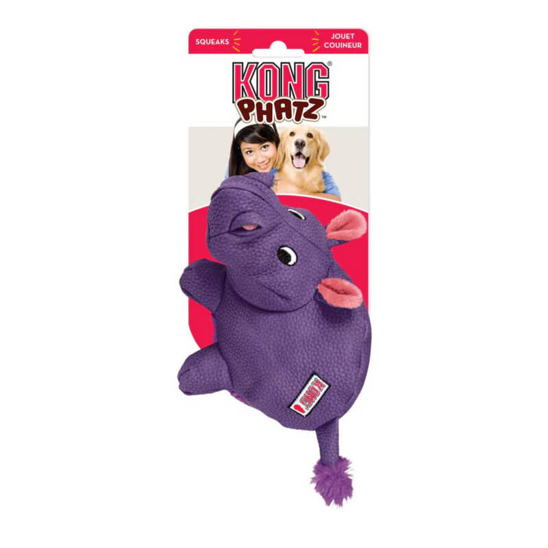KONG Phatz Hippo Medium dog toy, in package with a woman and her dog pictured.