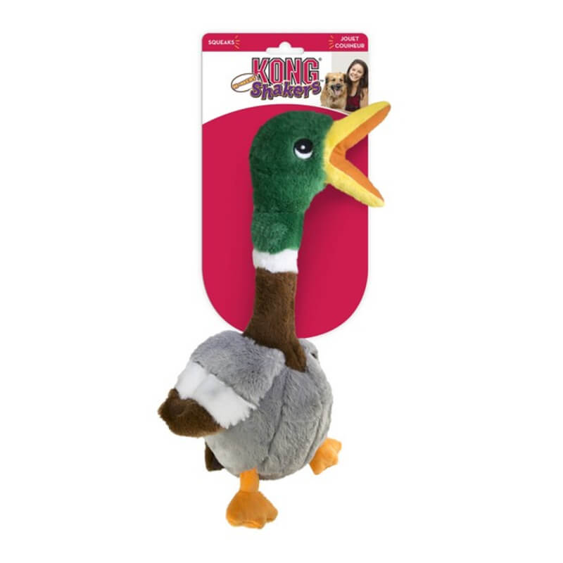 Kong Shakers Honkers Duck Large dog toy in Kong packaging with a woman and dog.